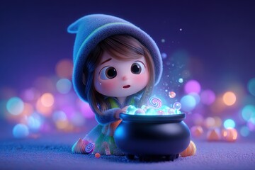 Young Child In Cozy Blue Jacket Stirring Colorful Potion In Black Cauldron With Soft Bokeh Background