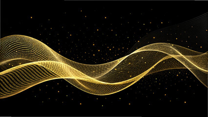 Golden flowing wave mesh with sparkling particles on full hd 4k stock image download black background