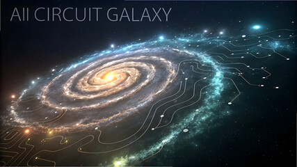 Swirling galaxy with glowing core and circuit board lines overlay in deep space full hd 4k stock image download