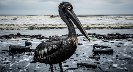 Pelican. A bird covered in oil on a polluted beach with an oil slick. Environmental disaster due to oil spill and ocean contamination footage.