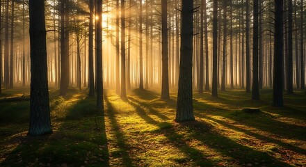 A golden sunrise illuminates a tranquil misty pine forest with magical sunbeams streaming through trees
