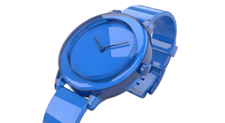 Modern blue wristwatch with transparent case and silicone strap