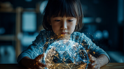 Child in front of glowing planet