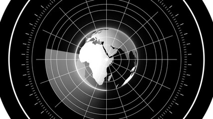 Futuristic globe radar display with glowing continents and digital grid overlay representing. Digital world map and globe concept. Data connection, and futuristic technology visualization. - Powered by Adobe