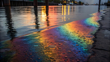 Iridescent oil slick on water reflecting sunset lights and dock pilings full hd 4k stock image download
