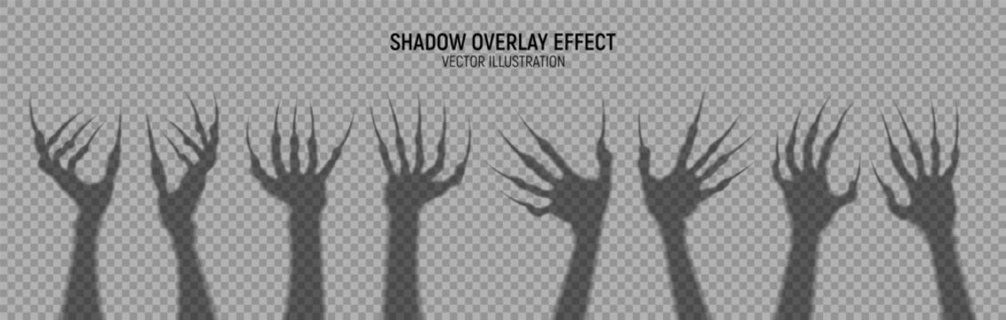 Halloween scary hands collection. Set of transparent shadows of witches hands with long nails for Halloween decoration. Vector illustration of scary monster hands isolated on checkered background.