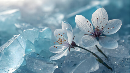 Delicate full hd 4k stock image download white cherry blossoms rest on a bed of shimmering ice shards