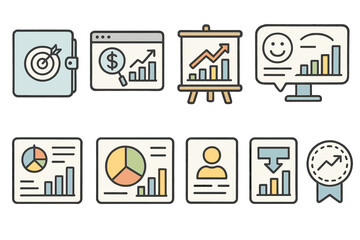 Analytics and data flat icon set. charts, performance metrics, graphs collection