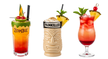 Three colorful tropical cocktails isolated on transparent background