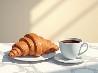 Cozy warm cup of coffee paired with a flaky croissant for an inviting breakfast experience
