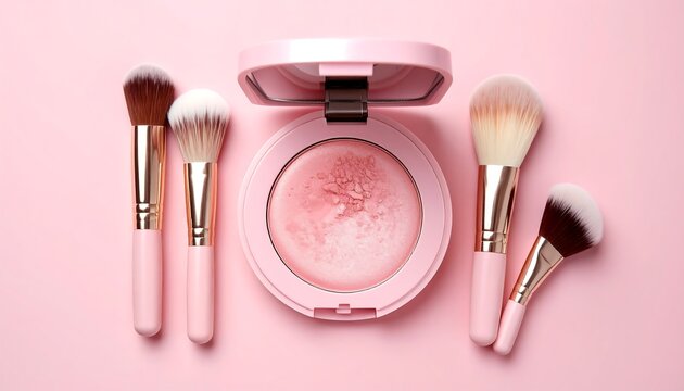 Pink makeup brushes and compact