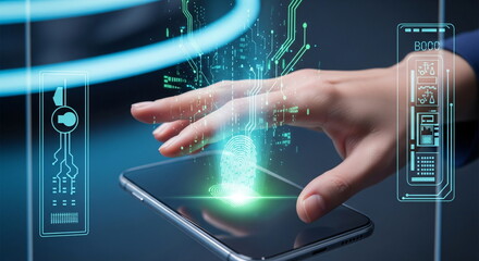 A man presses a virtual button with a biometric fingerprint scanner for access. Photo about the concept of cybersecurity login and digital authorization.