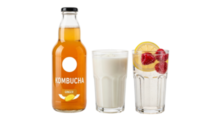 Kombucha drink and milk isolated on transparent background for health