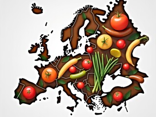 A colorful map of europe adorned with an array of fresh fruits and vegetables