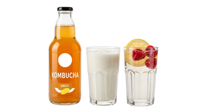 Kombucha drink and milk isolated on transparent background for health