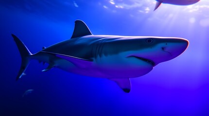 Fototapeta premium Shark Swimming in Deep Blue Ocean with Light Filtering from Above and Streamlined Silhouette in Foreground