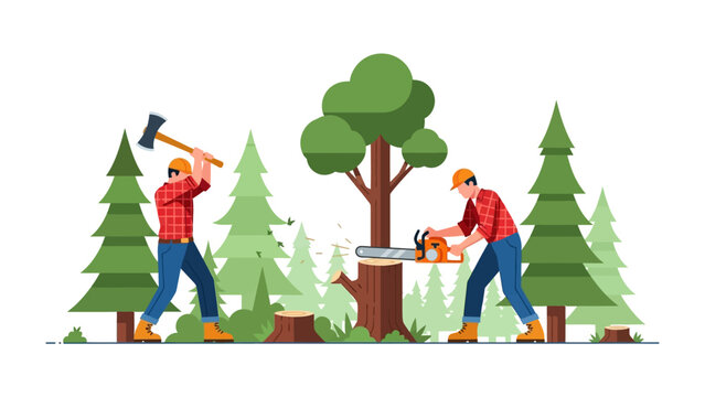 Deforestation & Lumberjacks: A detailed illustration captures lumberjacks using an axe and a chainsaw, undertaking the activity of cutting down trees and the process of deforestation.