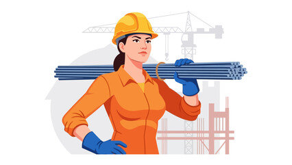 Woman Engineer at Work: A determined woman, wearing a hardhat and work attire, confidently carries construction materials on site, embodies strength and resilience in the industry.