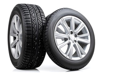 Obraz premium Two car tires and rims, angled, white background