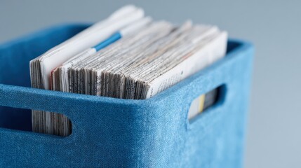 Stack Of Newspapers In A Blue Fabric Storage Box. Organized Media Collection For Easy Access