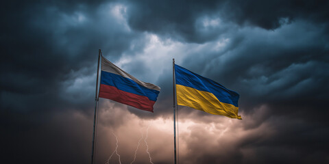 Tensions rise as russia and ukraine flags stand against stormy sky political landscape dramatic environment tension concept