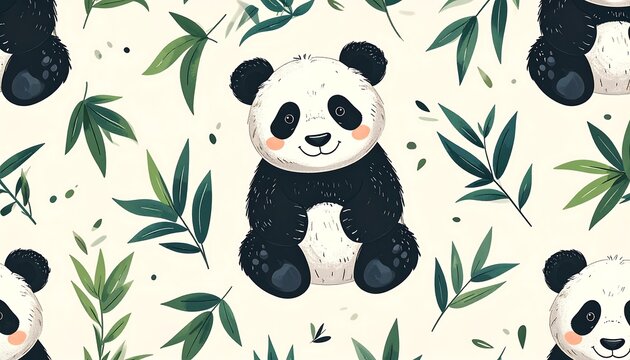A cheerful panda pattern, featuring adorable pandas with expressive faces amidst lush green foliage, creating a whimsical and calming design.