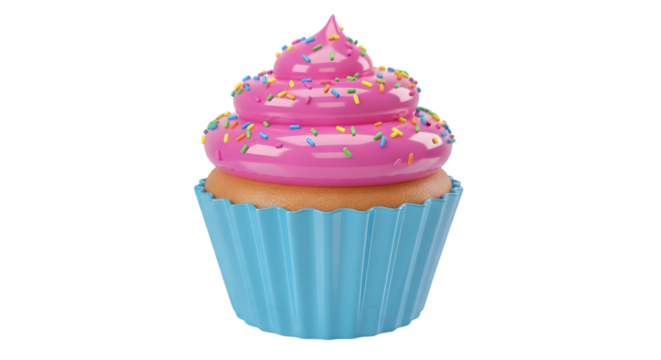 Delicious pink cupcake with sprinkles in a blue liner perfect for birthday celebrations