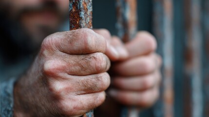 Hands Gripping Rusty Prison Bars. Symbol Of Confinement And Struggle