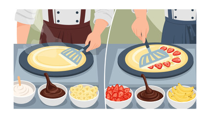 Culinary Creation: A chef delicately crafts a delicious crepe, adding a variety of toppings to create a sweet dessert. Capturing the process and ingredients of making of this iconic dessert. 