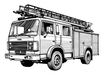 Hand-drawn sketch of a firetruck in black and white