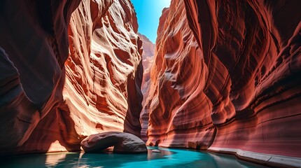 Twisting Red Rock Canyon with Turquoise Pool and Sunlit Sky in Dramatic Desert Landscape