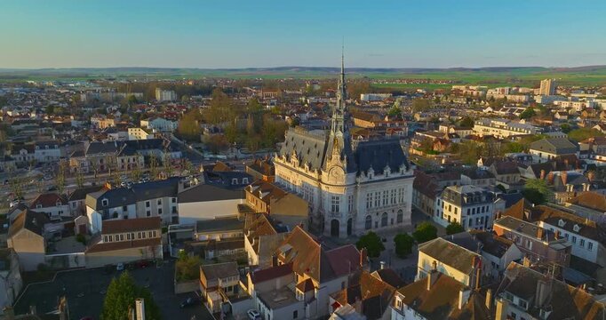 Aerial view of cities of Sens Burgundy France flying over the old historic center