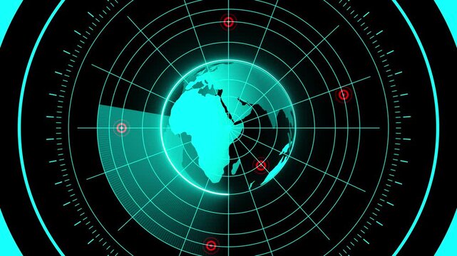 Digital radar scanning the Earth. Global communication, navigation, and security technology. Futuristic digital radar screen displays glowing cyan Earth globe with targeting reticles. - Powered by Adobe