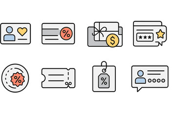 Discount, loyalty flat icon set. coupon, membership, tag, voucher icons collection