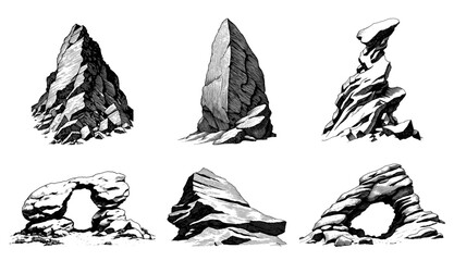 Set of rock formations in a black and white ink drawing style