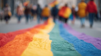 Colorful Pride Parade With Rainbow Flag On City Street. Celebration Of Lgbtq+ Community And Diversity