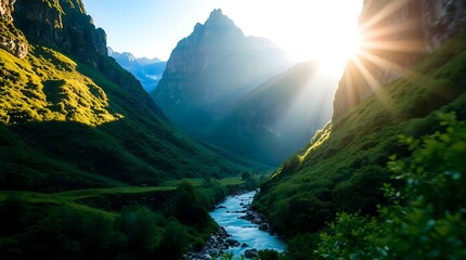 Sunrise Over Mountain Valley with Winding River and Radiant Light Casting Golden Glow on Verdant Slopes