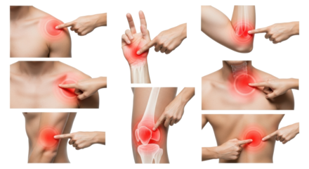 Isolated adult body parts (shoulder, elbow, wrist, chest, neck, knee, lower back) with hands touching, red highlights, transparent background, multi-panel clinical anatomy concept.