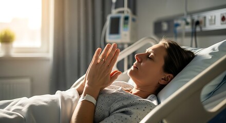 Patient Seeking Inner Peace and Hope Woman in Hospital Bed Prays for Recovery and Strength Amidst Health Challenges