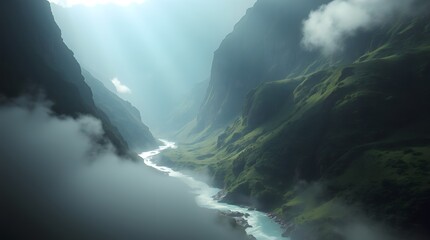 Mystical Valley with Foggy Mountains and Sunbeams Illuminating Winding River Below