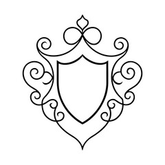 Heraldic Crest Ornament with Thin Floral Curl Accents