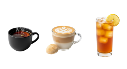 Selection of hot and cold drinks isolated on transparent background