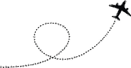 Minimalist icon of a plane with a loop trail, symbolizing air travel, flight route, and tourism concept on a white background