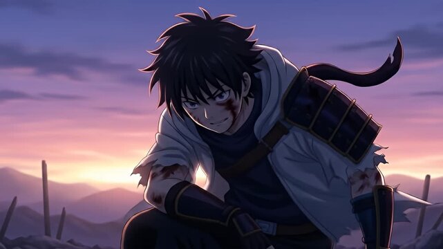 Weary anime warrior kneels against a fading sunset, wounded, battle-worn, but resilient