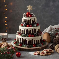 Stunning Three-Tiered Christmas Cake with Drip Icing and Ornaments