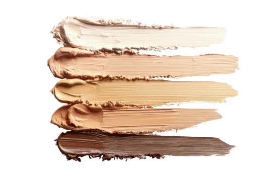 Cosmetic foundation swatches in various shades.  A top-down view shows several swaths of foundation, ranging from light beige to deep brown.  The textures are smooth and creamy