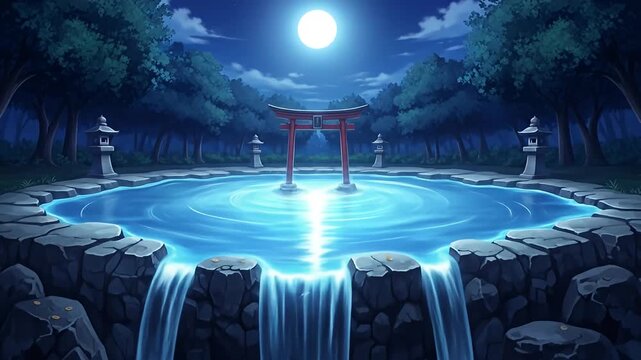 Lunar Reflections A tranquil water pool with red torii gate under a full moon