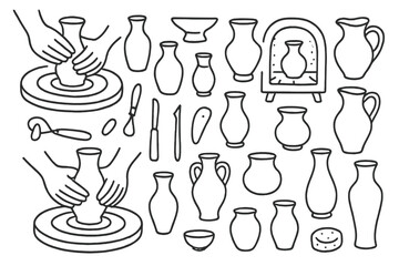 Pottery, ceramics outline icon set. crafting, sculpting, clay icons collection