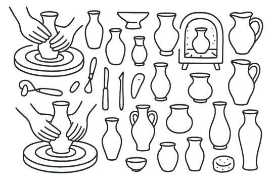 Pottery, ceramics outline icon set. crafting, sculpting, clay icons collection