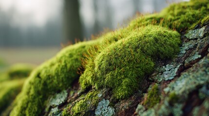 Lush Green Moss On Tree Bark In Forest Setting. Nature'S Resilience And Tranquility
